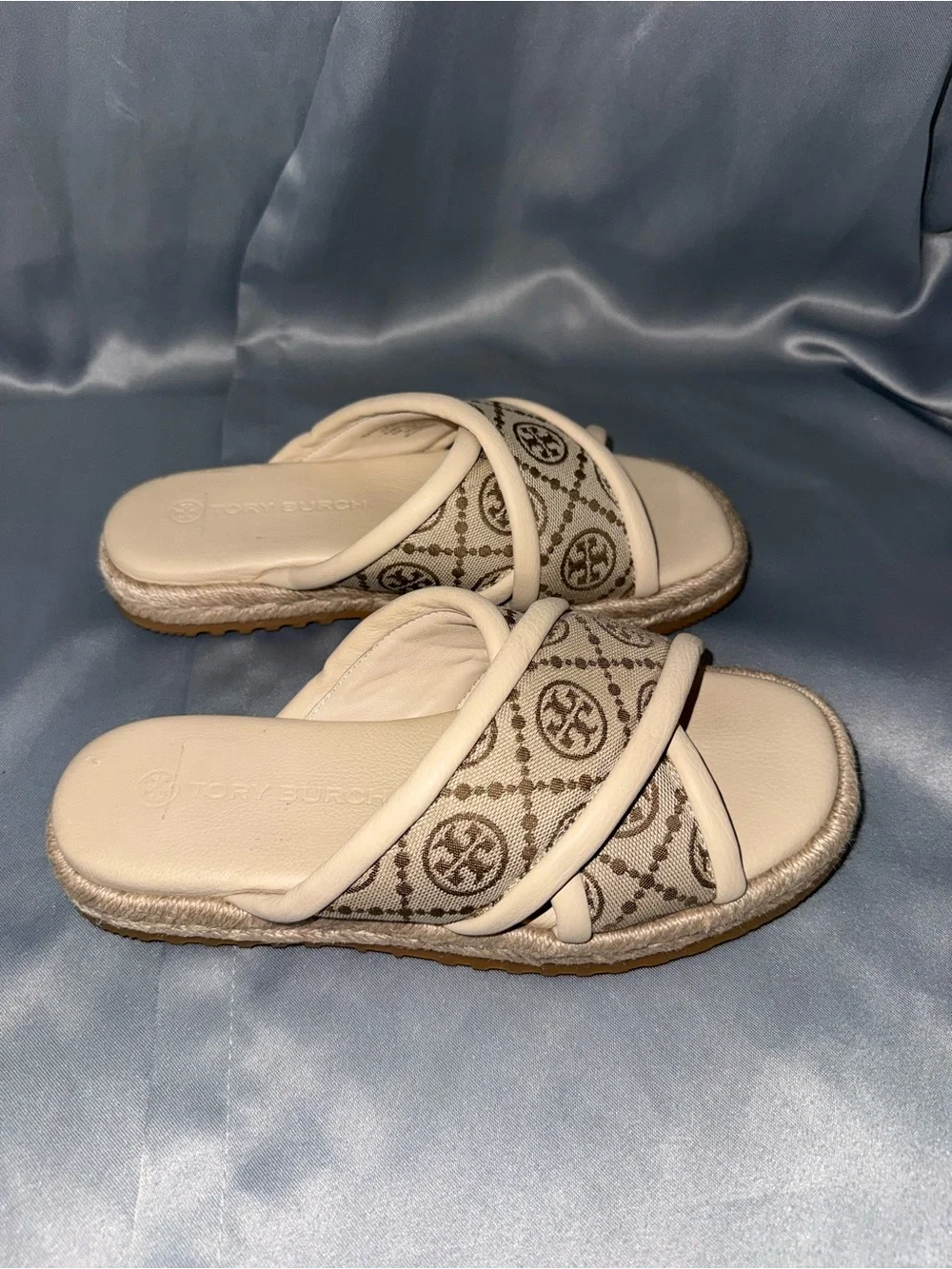 Tory Burch Beige Logo Cross-Strap Slide Mules